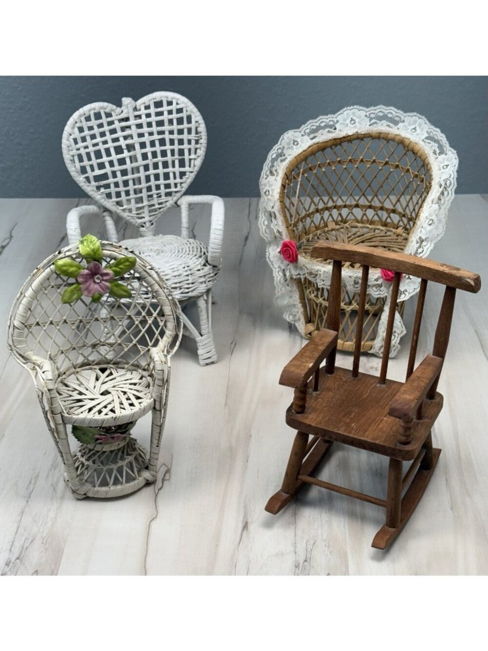 VTG Lot 4 Mini Wicker & Wood 8" DOLL CHAIRS Peacock Rocking Garden Plant Stand